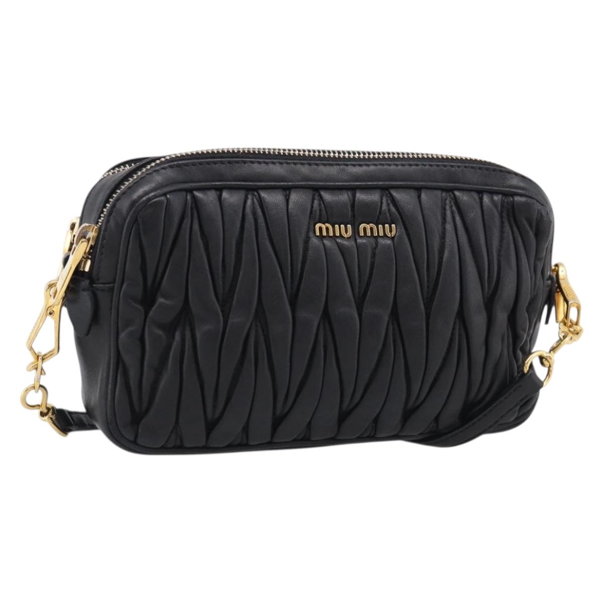 Miu Miu Matelasse Shoulder Bag Leather 2way Black Gold Auth 213449A