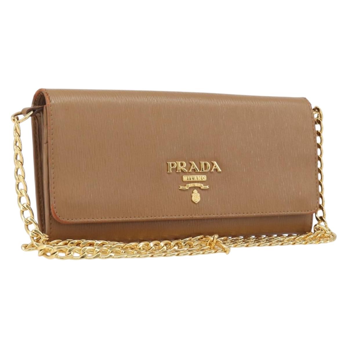 PRADA Chain Shoulder Wallet Leather Brown Gold Auth 213451