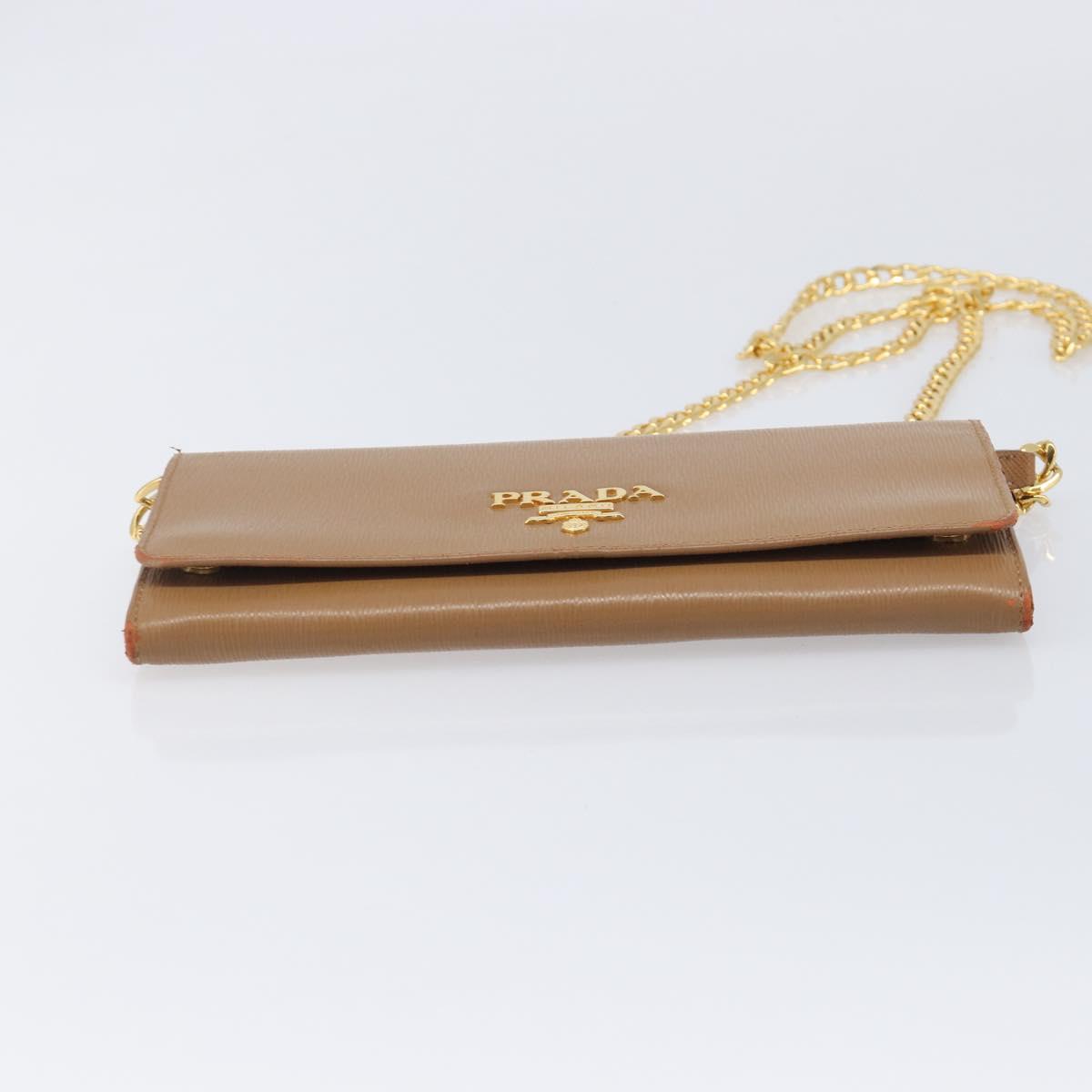 PRADA Chain Shoulder Wallet Leather Brown Gold Auth 213451