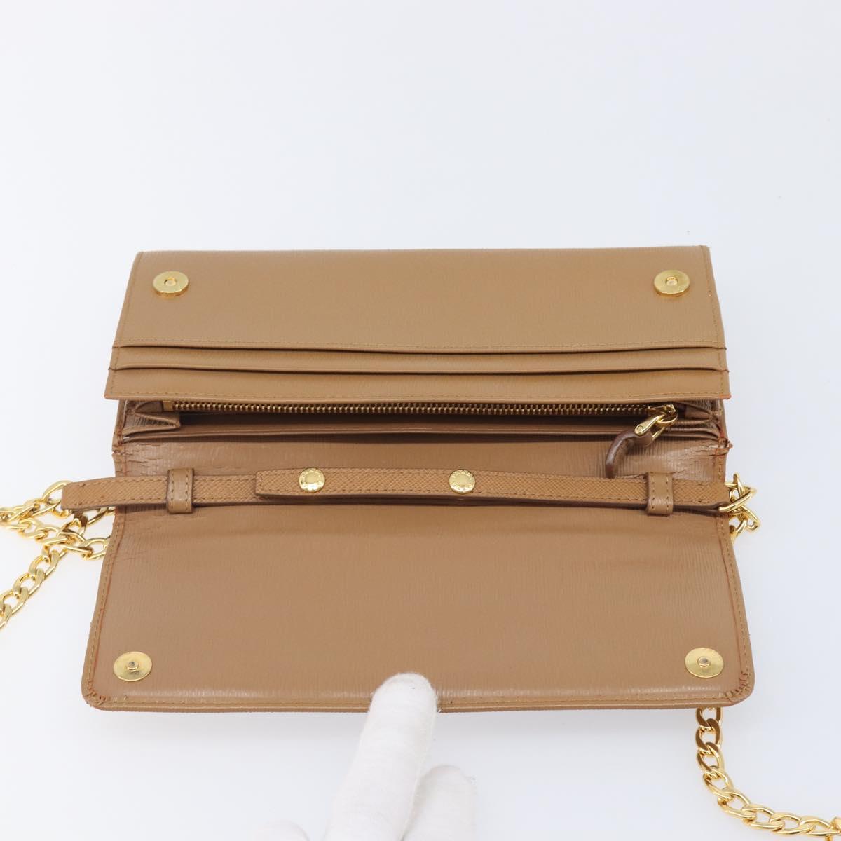 PRADA Chain Shoulder Wallet Leather Brown Gold Auth 213451