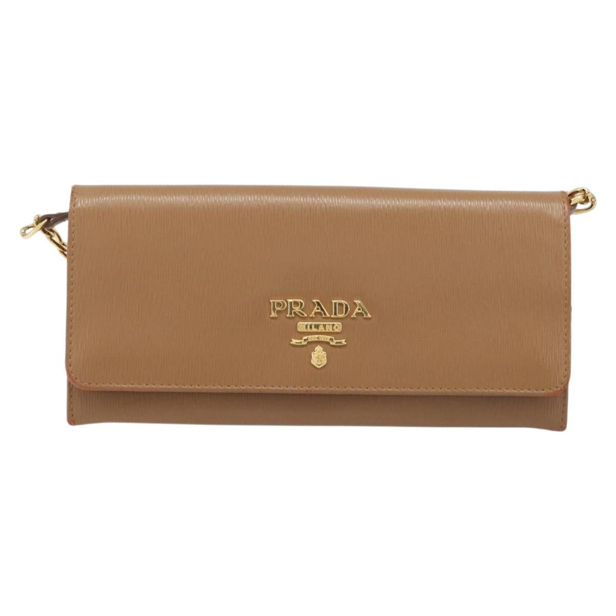PRADA Chain Shoulder Wallet Leather Brown Gold Auth 213451