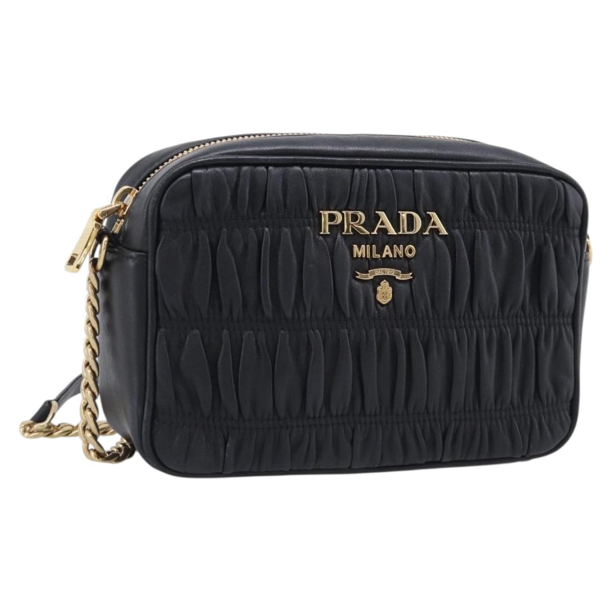 PRADA Gathered Chain Shoulder Bag Leather Black Gold Auth 213455V