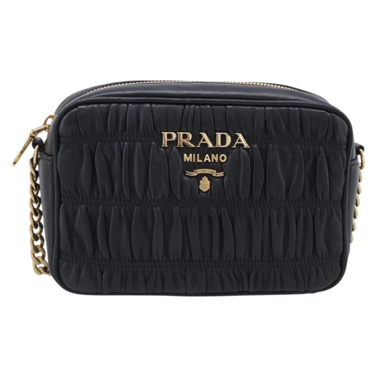 PRADA Gathered Chain Shoulder Bag Leather Black Gold Auth 213455V