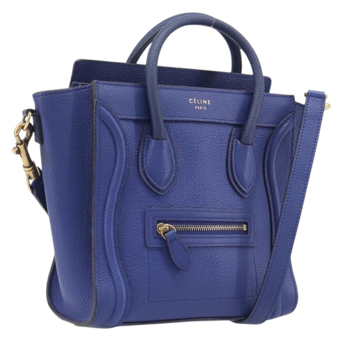 CELINE Luggage Nano Shopper Hand Bag Leather 2way Blue Gold Auth 213458A