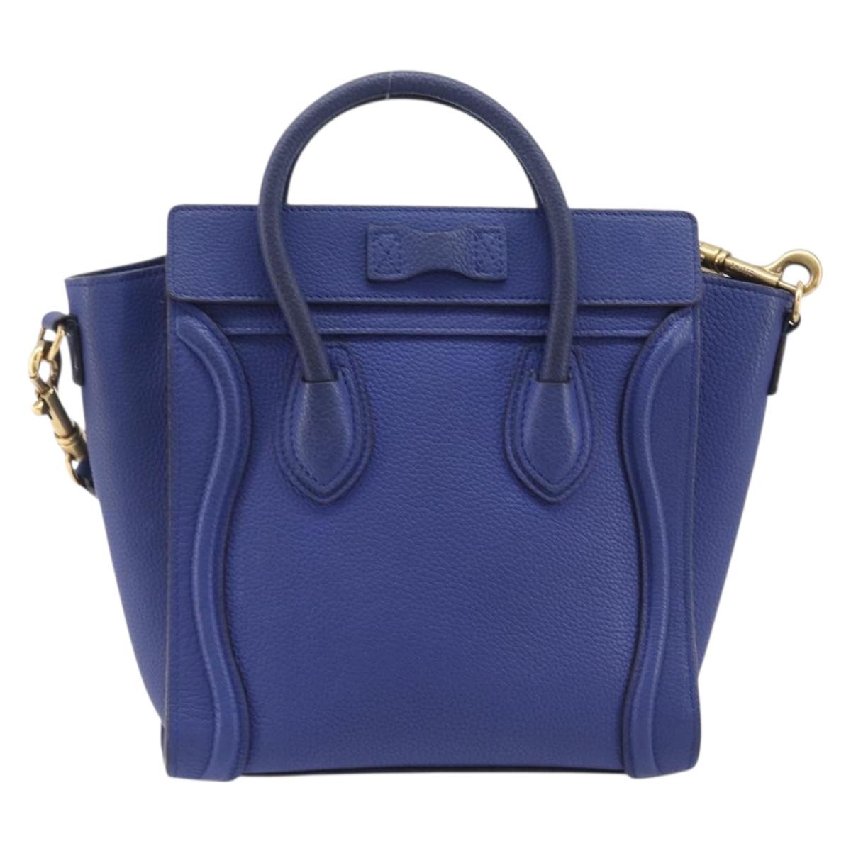 CELINE Luggage Nano Shopper Hand Bag Leather 2way Blue Gold Auth 213458A
