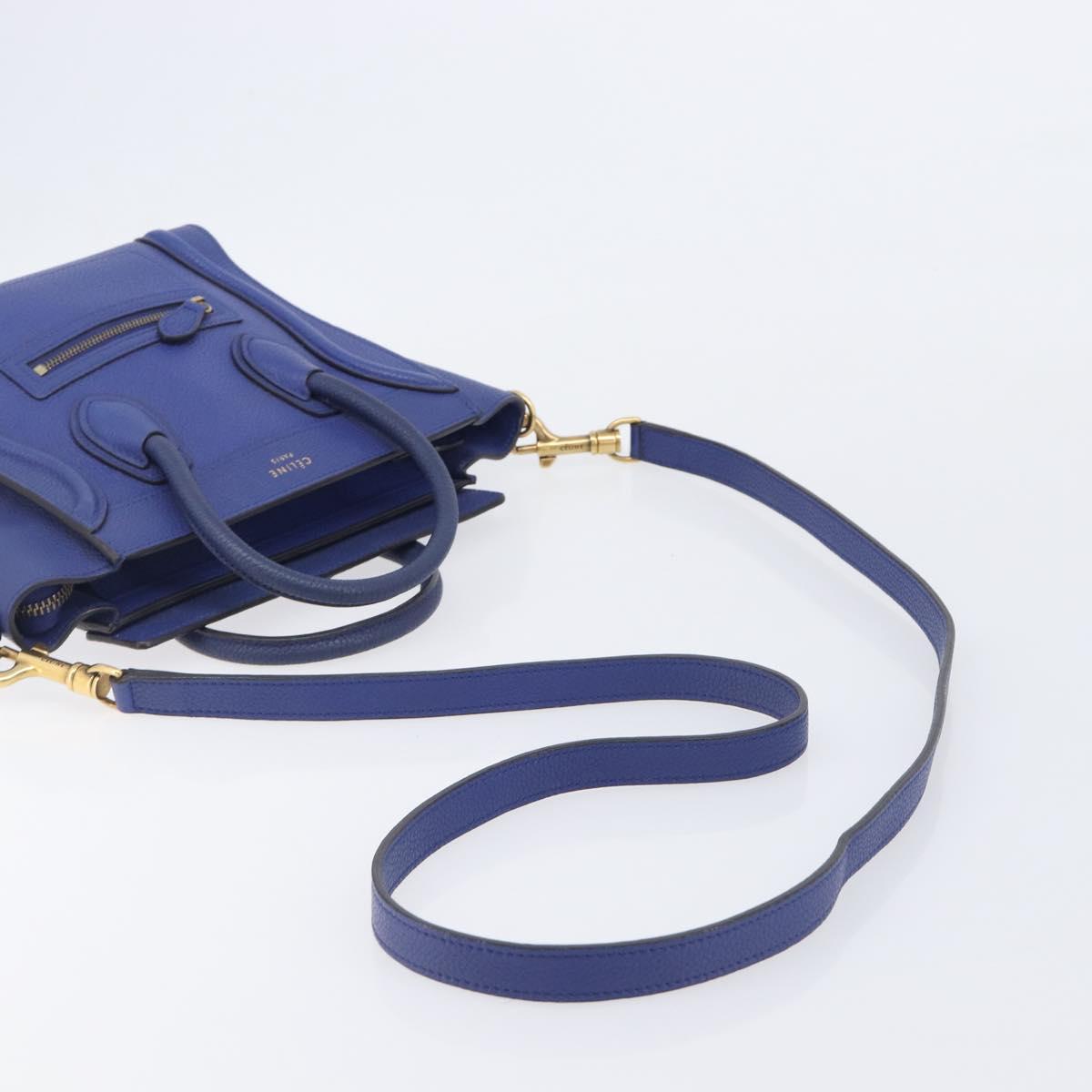 CELINE Luggage Nano Shopper Hand Bag Leather 2way Blue Gold Auth 213458A