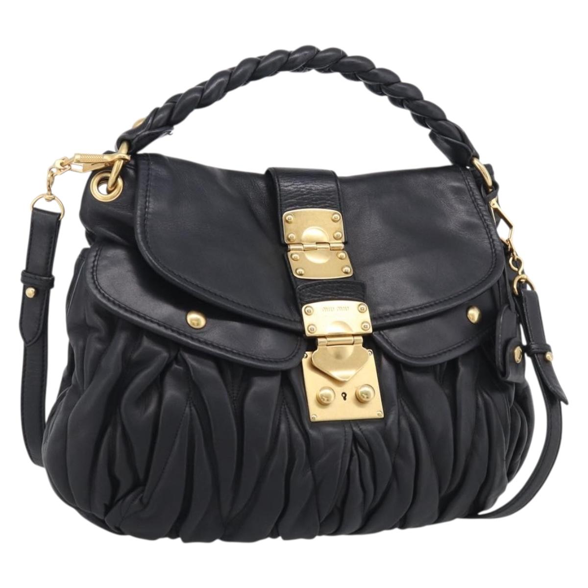 Miu Miu Gathered Hand Bag Leather 2way Black Gold Auth 213459V