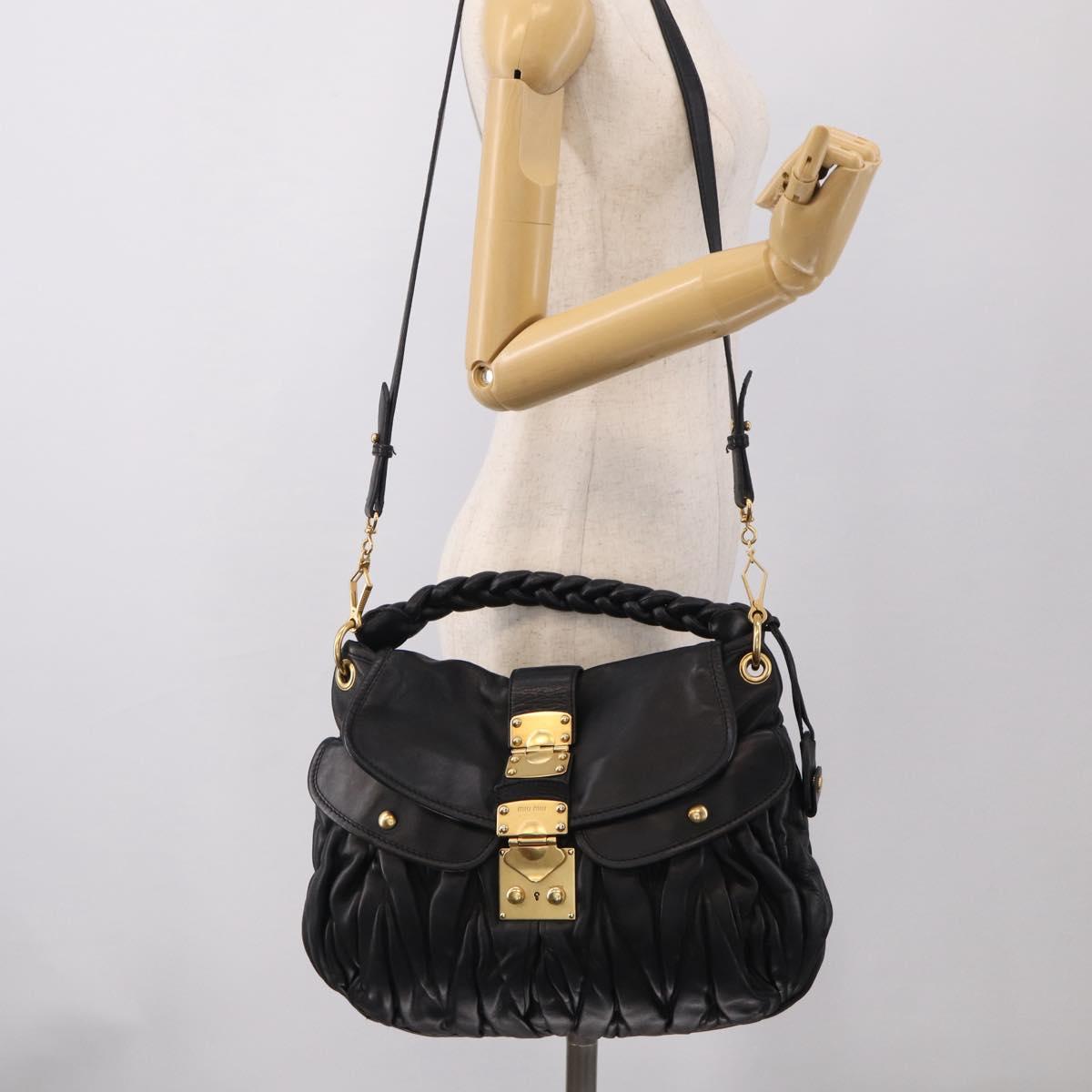 Miu Miu Gathered Hand Bag Leather 2way Black Gold Auth 213459V