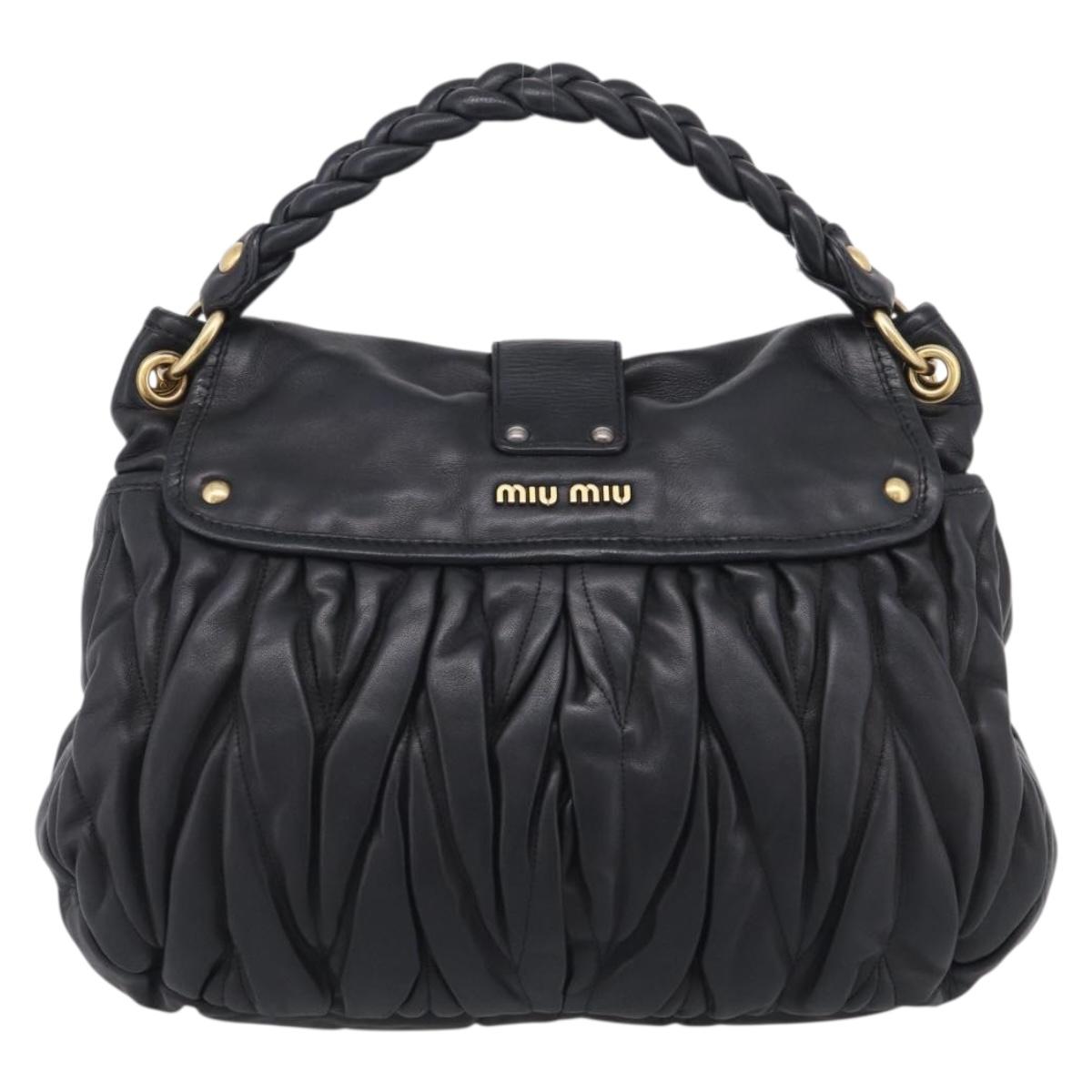 Miu Miu Gathered Hand Bag Leather 2way Black Gold Auth 213459V