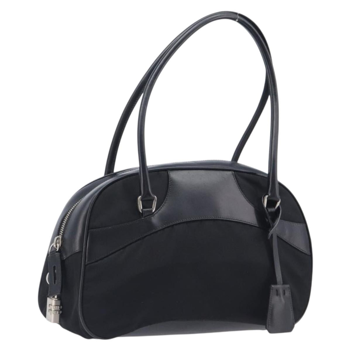 PRADA Hand Bag Nylon Leather Black Silver Auth 213463A