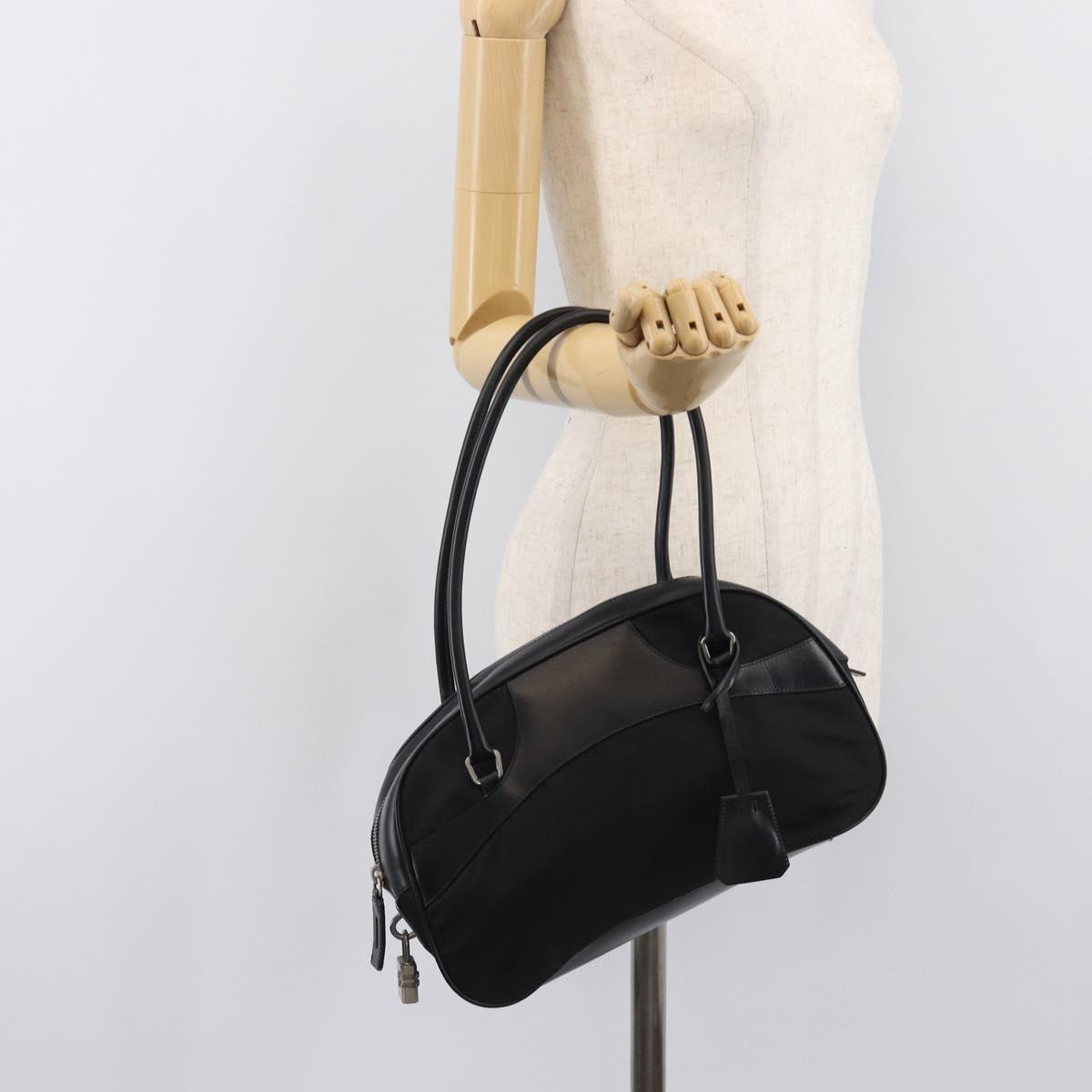 PRADA Hand Bag Nylon Leather Black Silver Auth 213463A