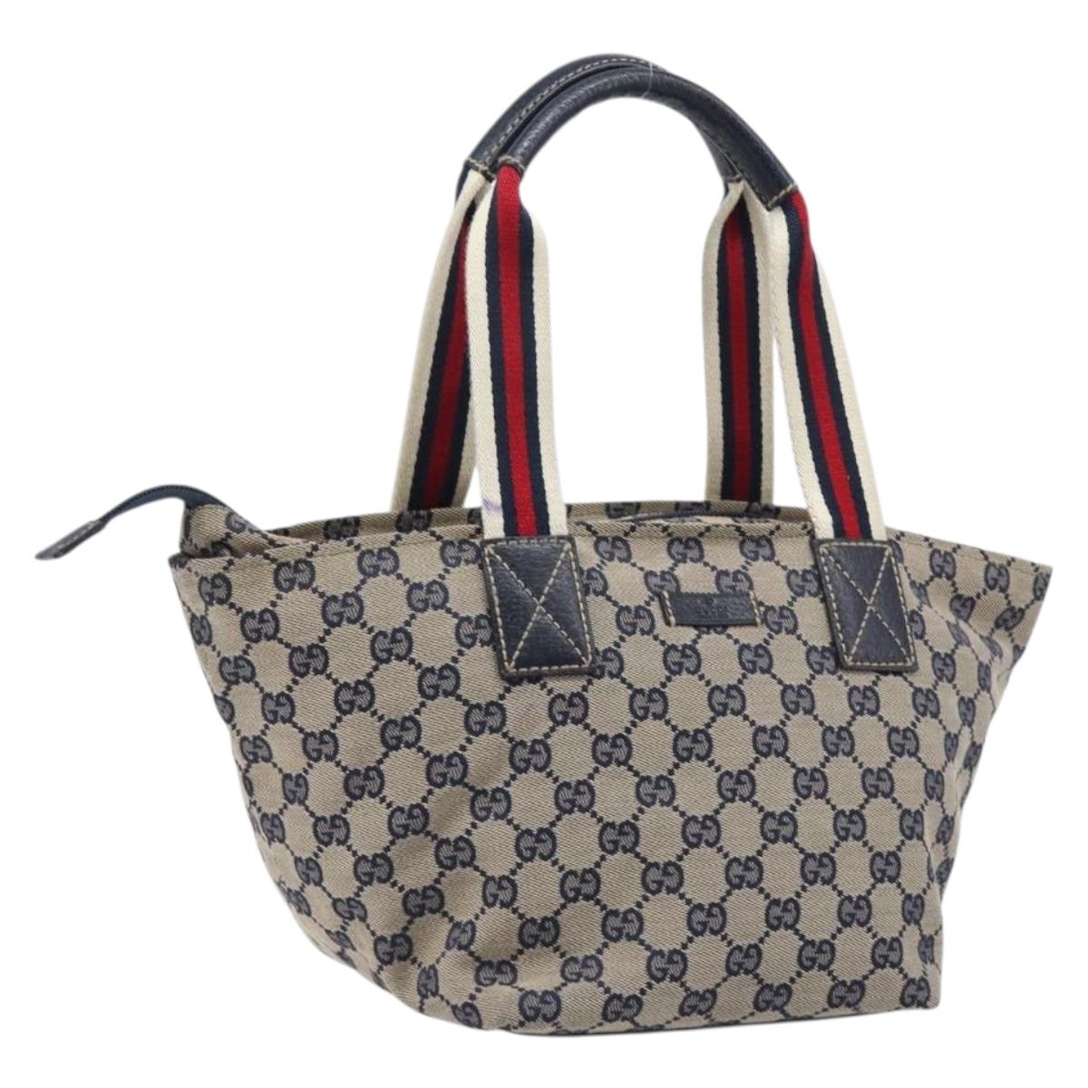 GUCCI GG Canvas Sherry Line Hand Bag Navy Silver 131228 Auth 213464A