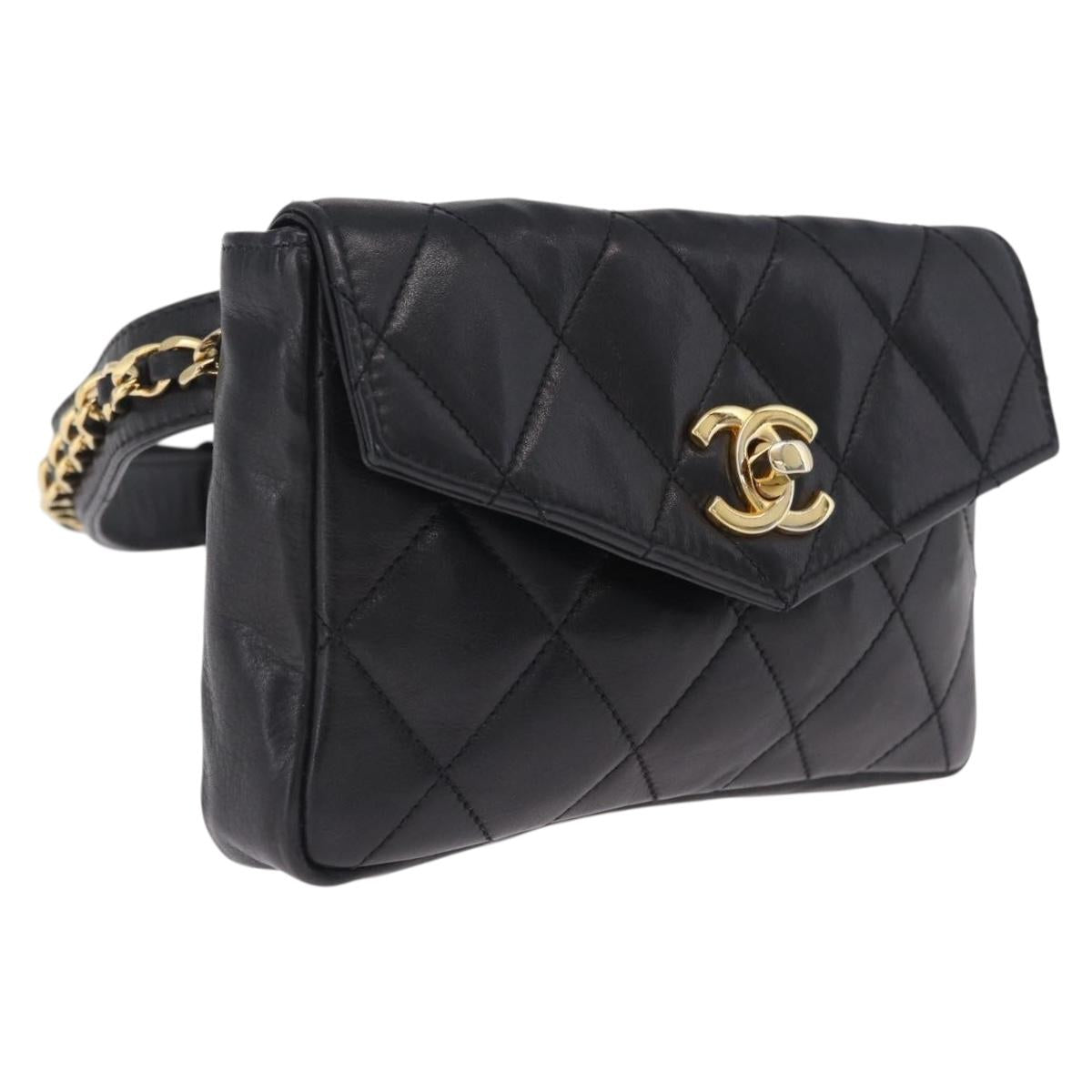 CHANEL Matelasse Waist bag Lamb Skin Black Gold CC Auth 213484
