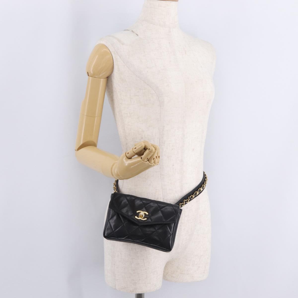 CHANEL Matelasse Waist bag Lamb Skin Black Gold CC Auth 213484