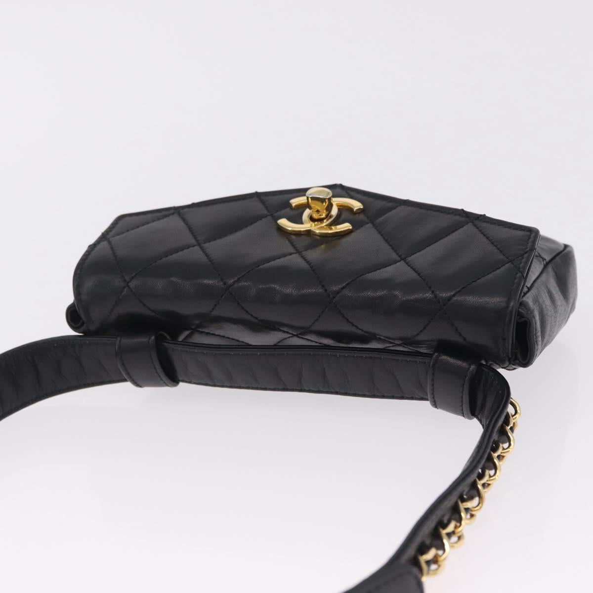 CHANEL Matelasse Waist bag Lamb Skin Black Gold CC Auth 213484