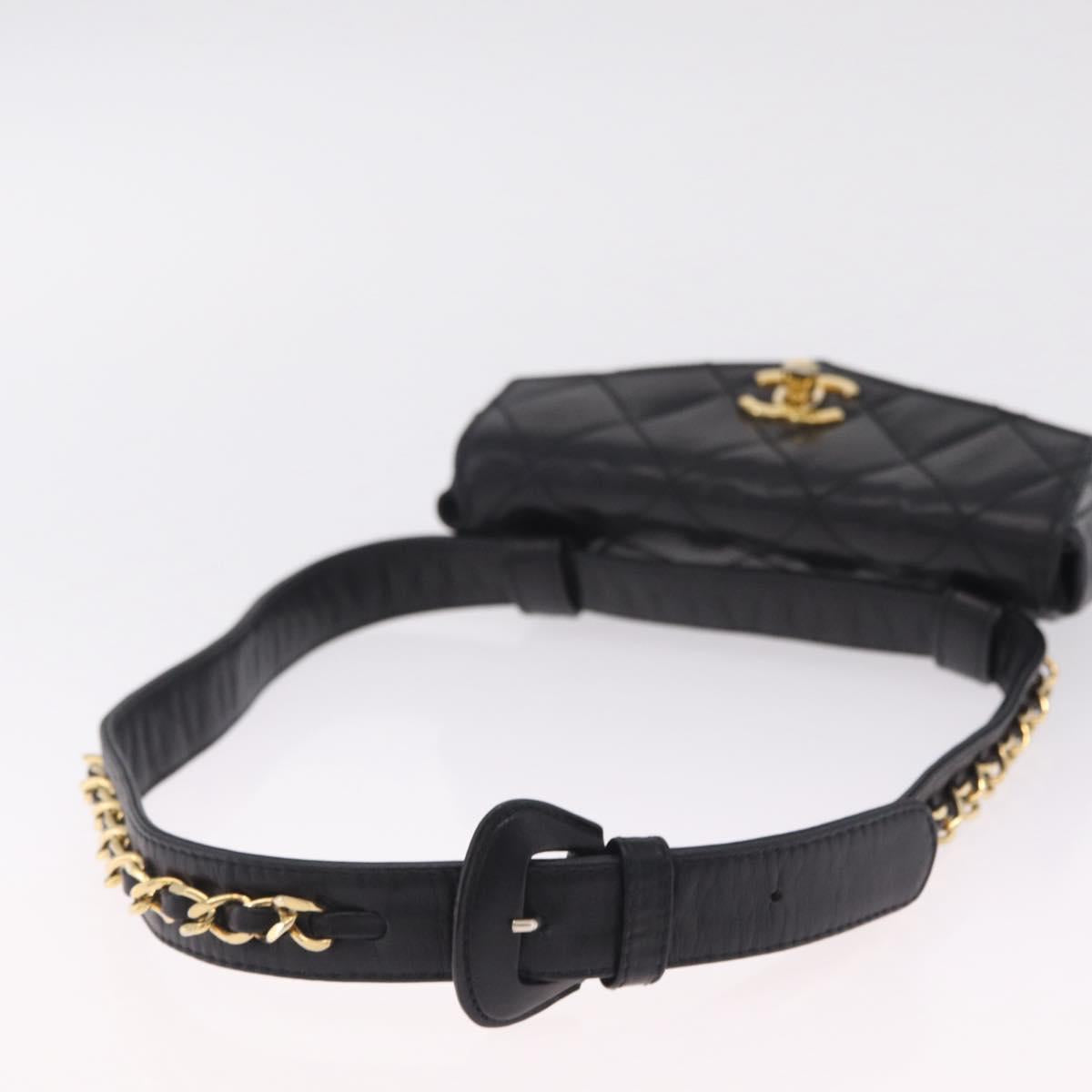 CHANEL Matelasse Waist bag Lamb Skin Black Gold CC Auth 213484