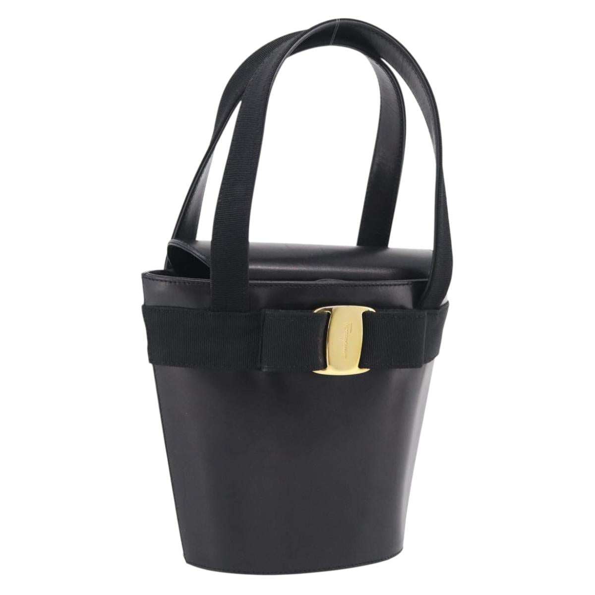 Salvatore Ferragamo Vala Hand Bag Leather Black Gold Auth 213569A