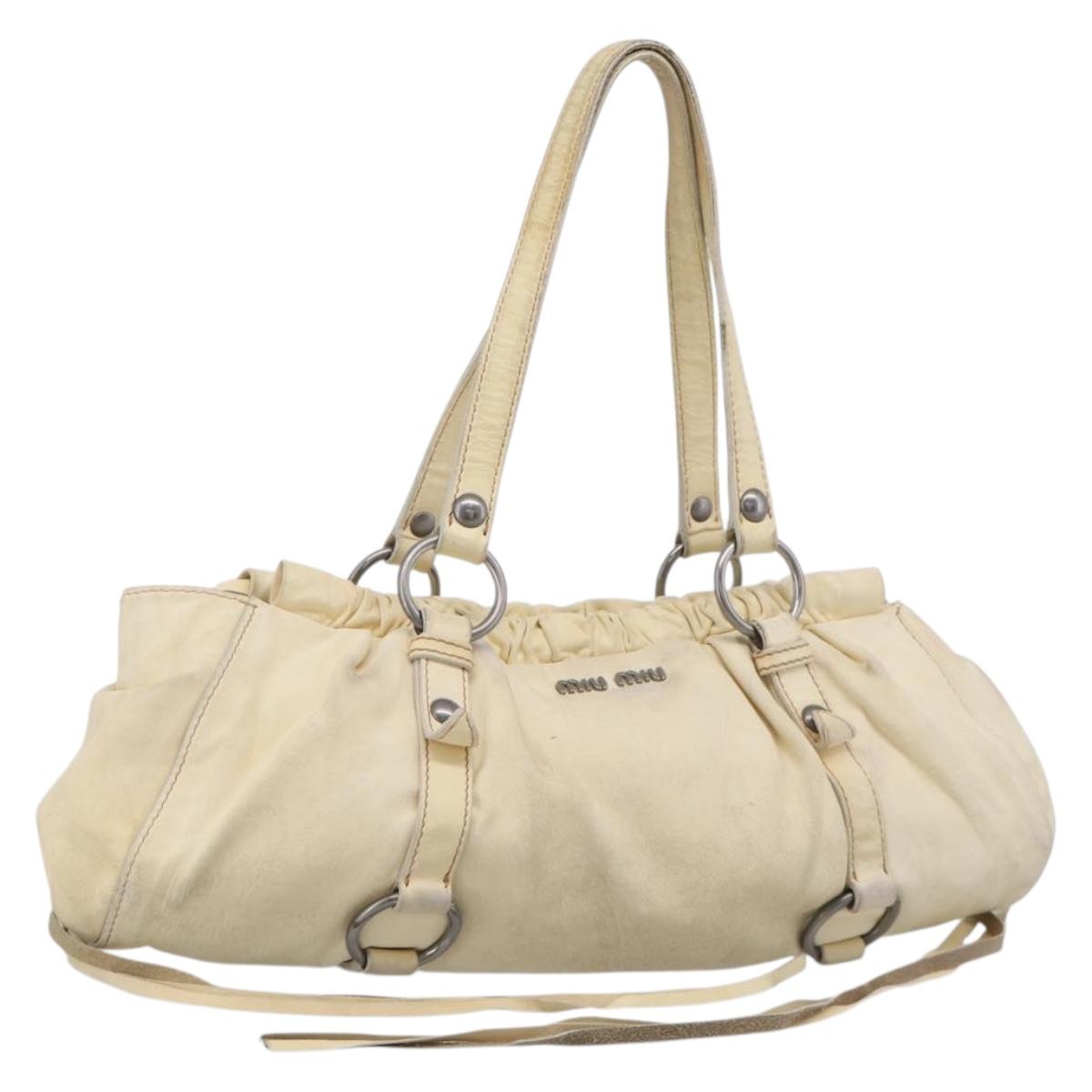 Miu Miu Tote Bag Leather Ivory Silver Auth 213757A
