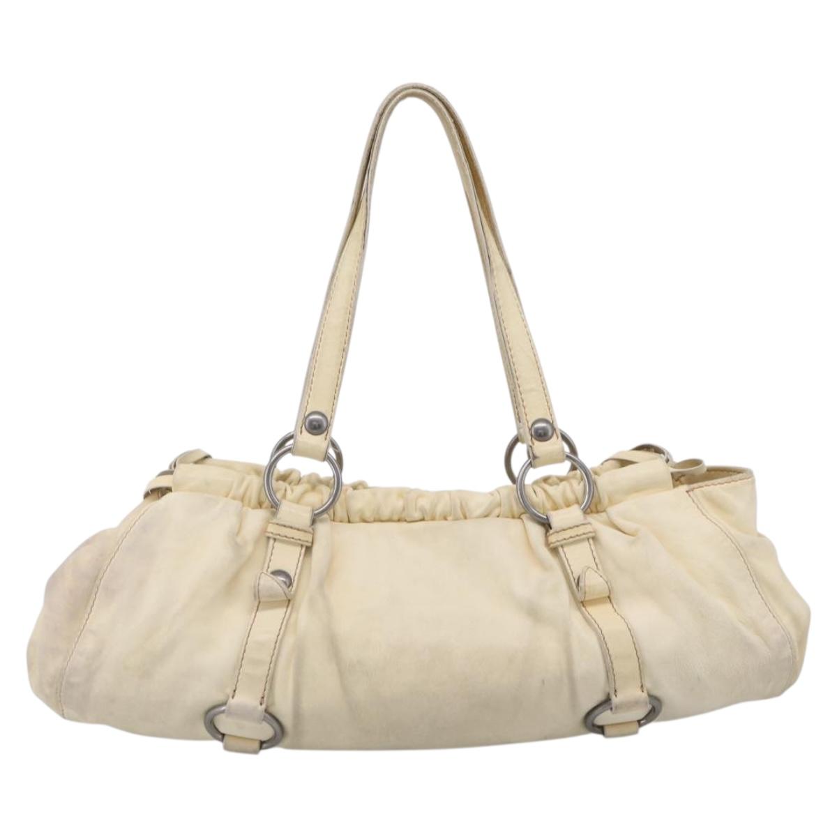 Miu Miu Tote Bag Leather Ivory Silver Auth 213757A