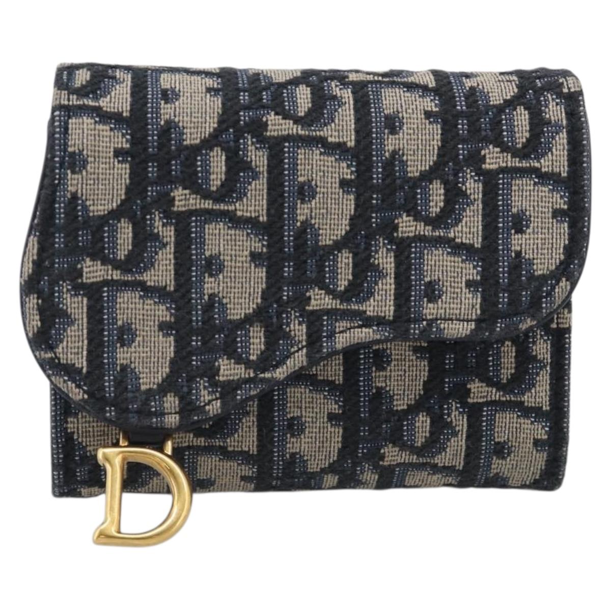 Christian Dior Trotter Canvas Saddle Compact Wallet Navy Gold Auth 213889V