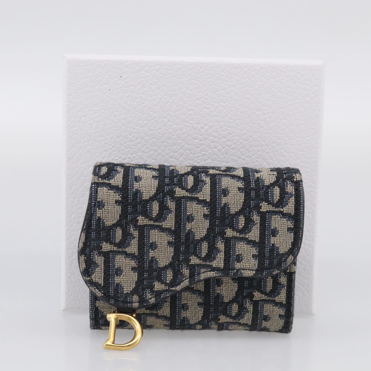 Christian Dior Trotter Canvas Saddle Compact Wallet Navy Gold Auth 213889V