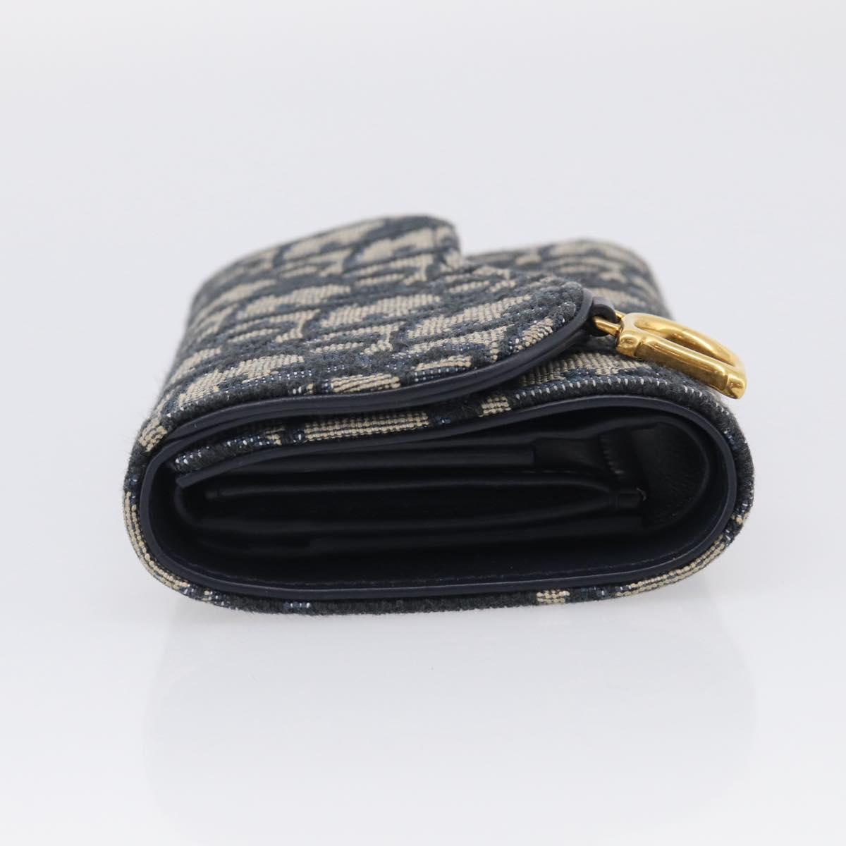 Christian Dior Trotter Canvas Saddle Compact Wallet Navy Gold Auth 213889V