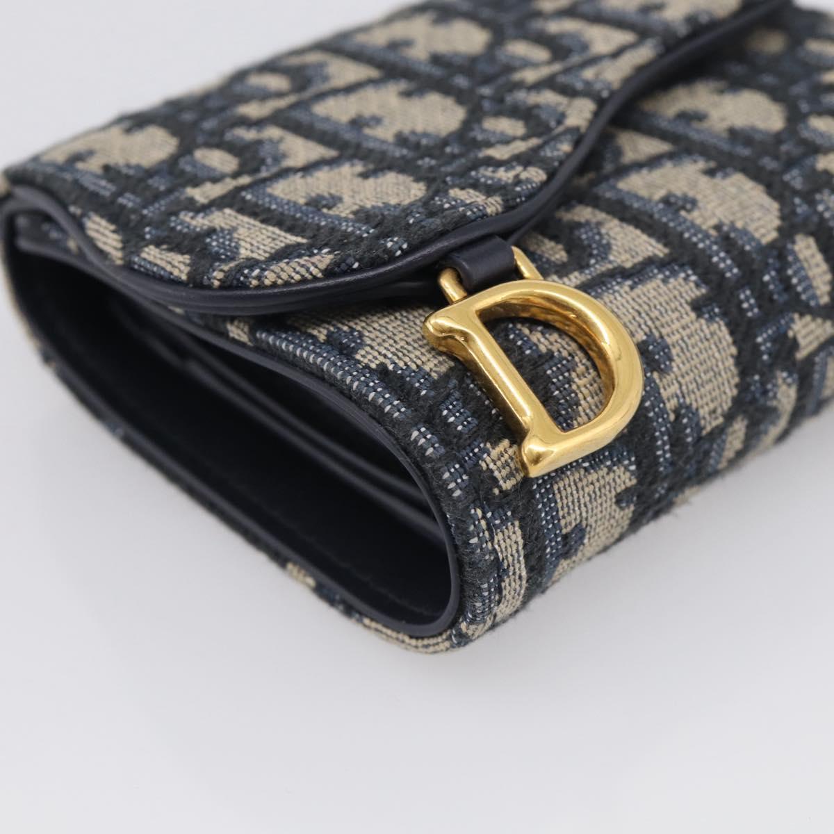 Christian Dior Trotter Canvas Saddle Compact Wallet Navy Gold Auth 213889V