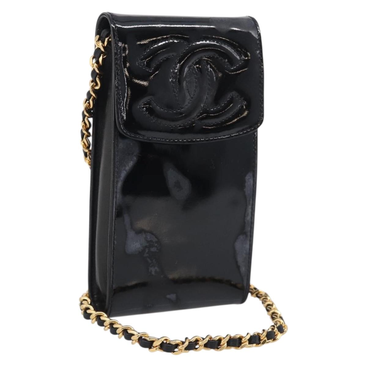 CHANEL Chain Shoulder Pouch Patent Leather Black Gold CC Auth 213890