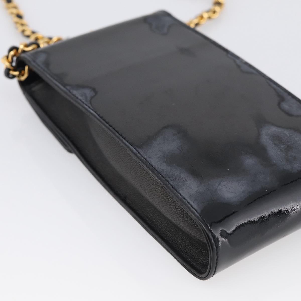 CHANEL Chain Shoulder Pouch Patent Leather Black Gold CC Auth 213890