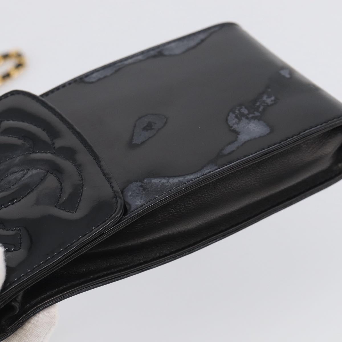 CHANEL Chain Shoulder Pouch Patent Leather Black Gold CC Auth 213890
