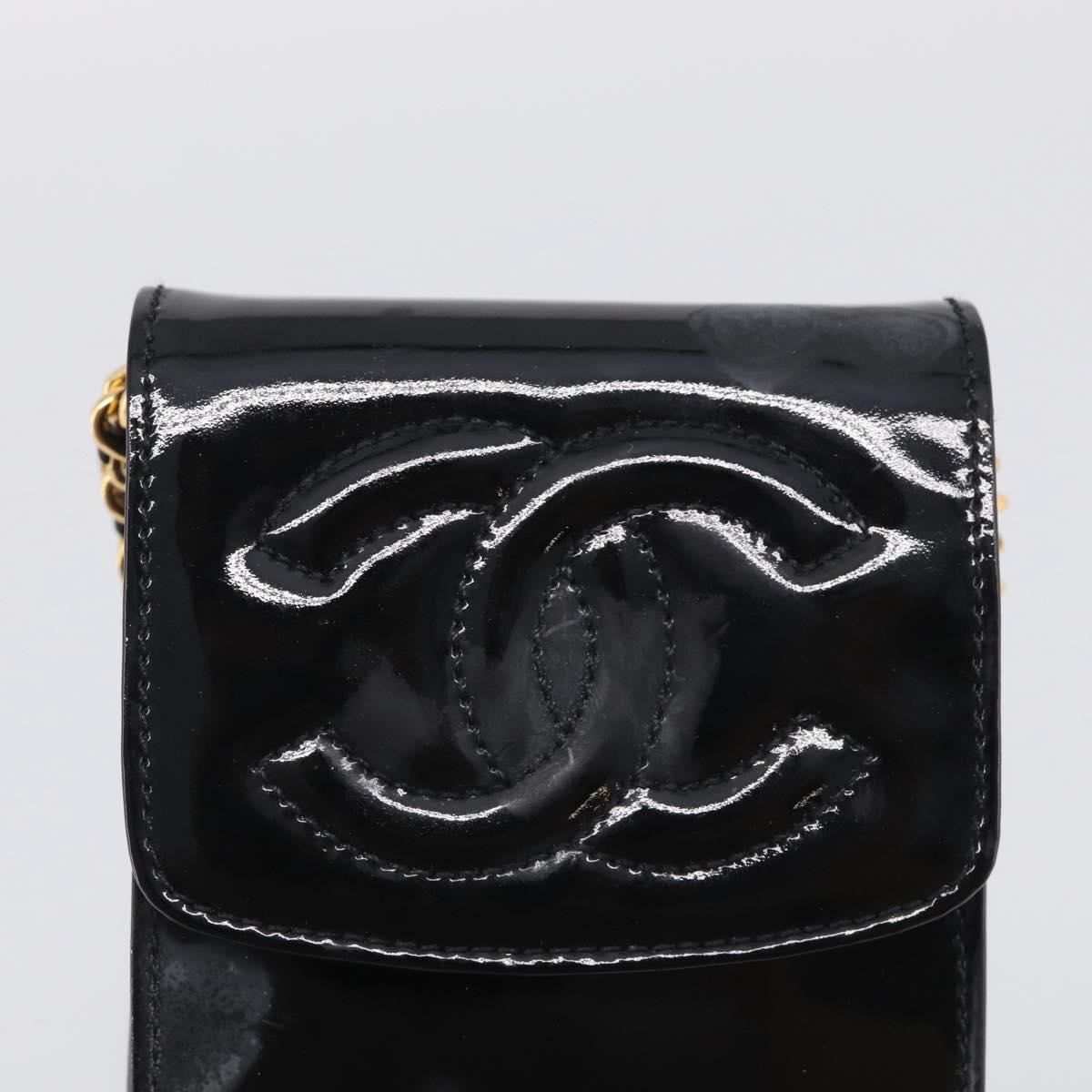 CHANEL Chain Shoulder Pouch Patent Leather Black Gold CC Auth 213890