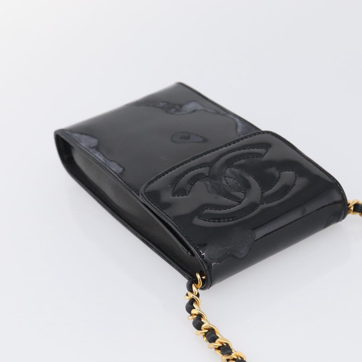CHANEL Chain Shoulder Pouch Patent Leather Black Gold CC Auth 213890
