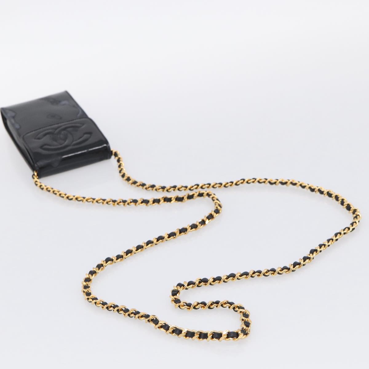 CHANEL Chain Shoulder Pouch Patent Leather Black Gold CC Auth 213890