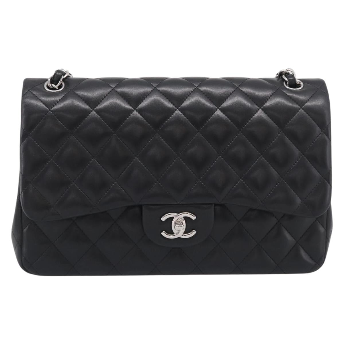 CHANEL Big Matelasse30 Chain Bag Lamb Skin Black Silver CC Auth 213916SAM