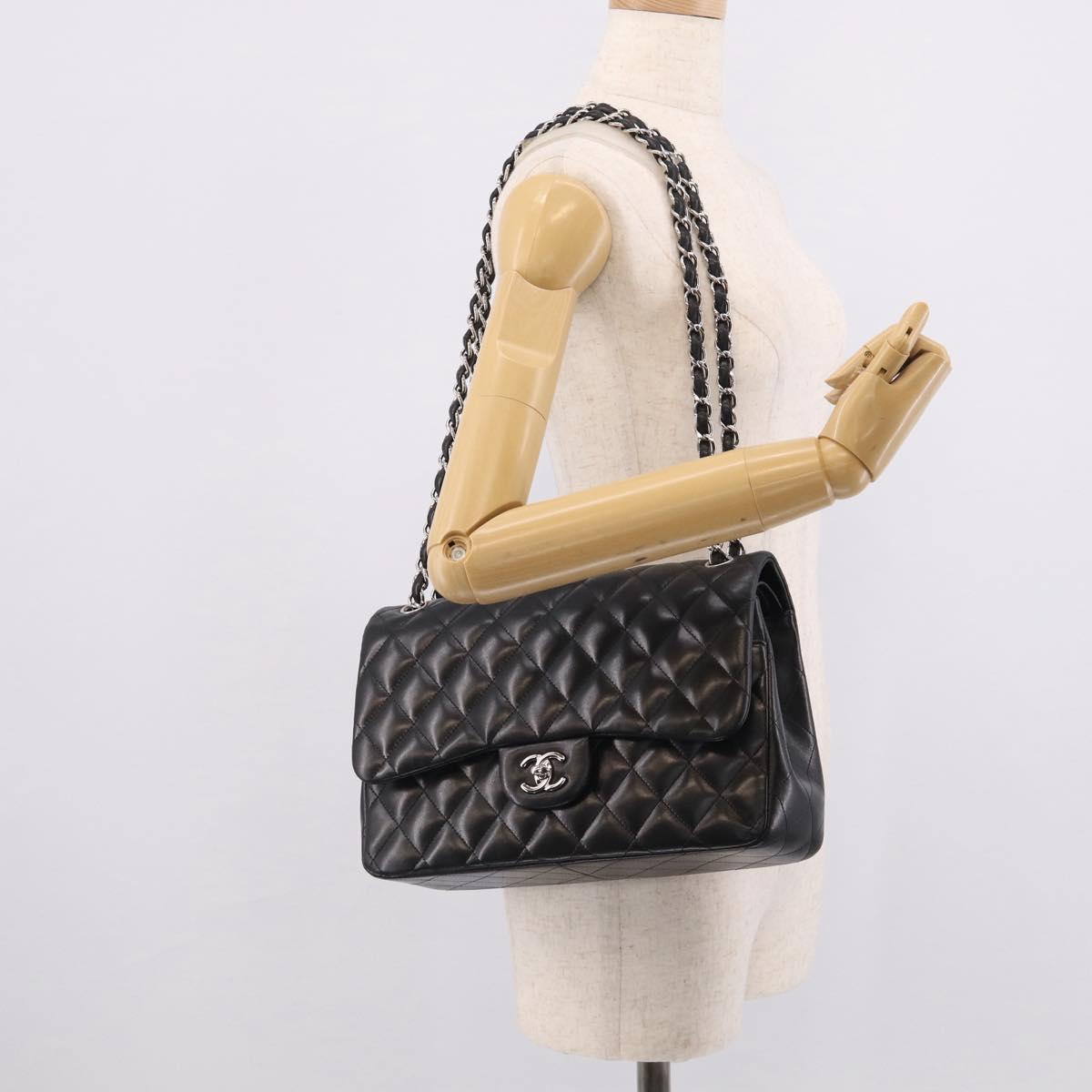 CHANEL Big Matelasse30 Chain Bag Lamb Skin Black Silver CC Auth 213916SAM