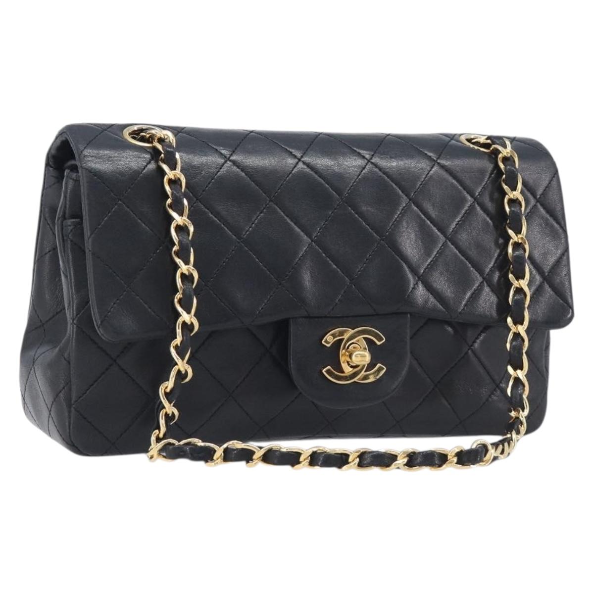 CHANEL Double Flap Chain Matelasse23 Bag Lamb Skin Black Gold CC Auth 213923SAM