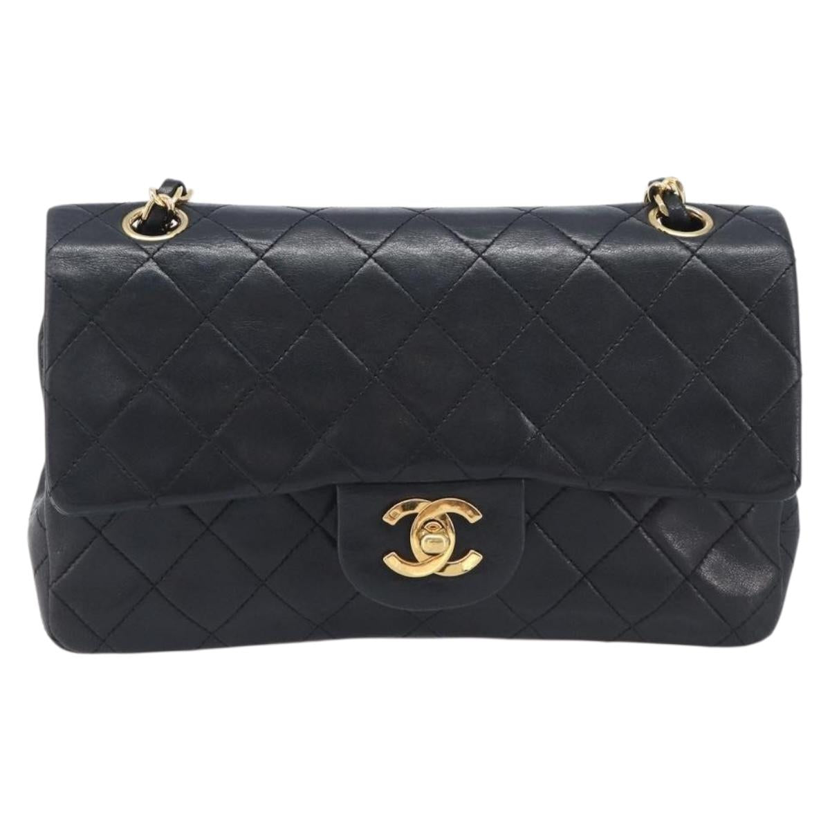 CHANEL Double Flap Chain Matelasse23 Bag Lamb Skin Black Gold CC Auth 213923SAM