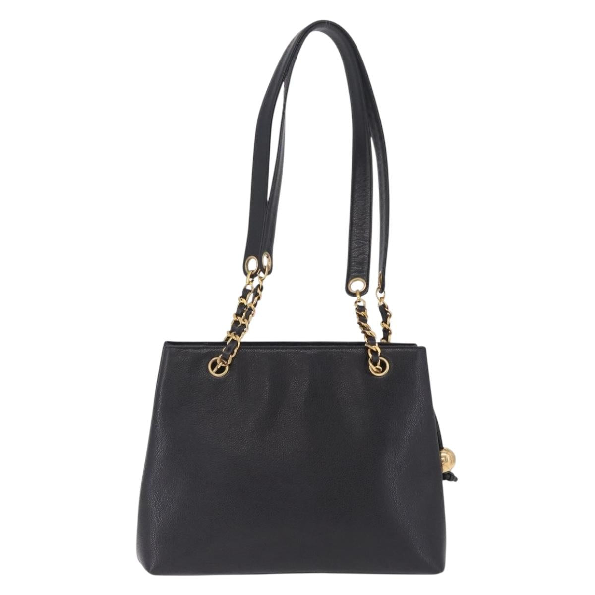CHANEL Chain Shoulder Tote Bag Caviar Skin Black Gold CC Auth 213926V