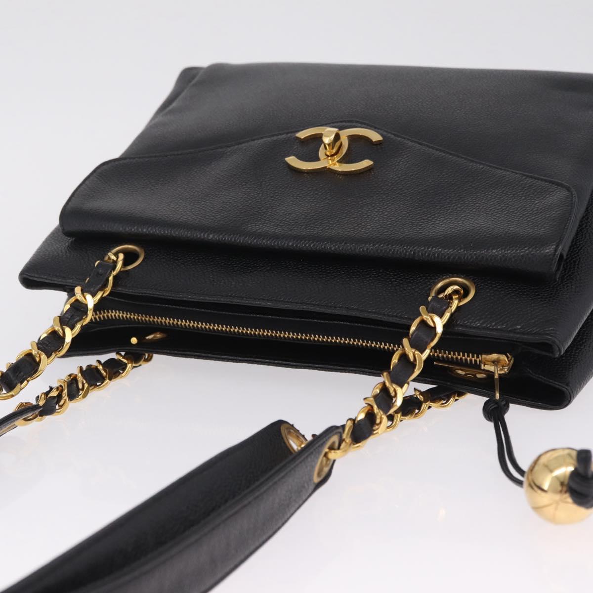 CHANEL Chain Shoulder Tote Bag Caviar Skin Black Gold CC Auth 213926V