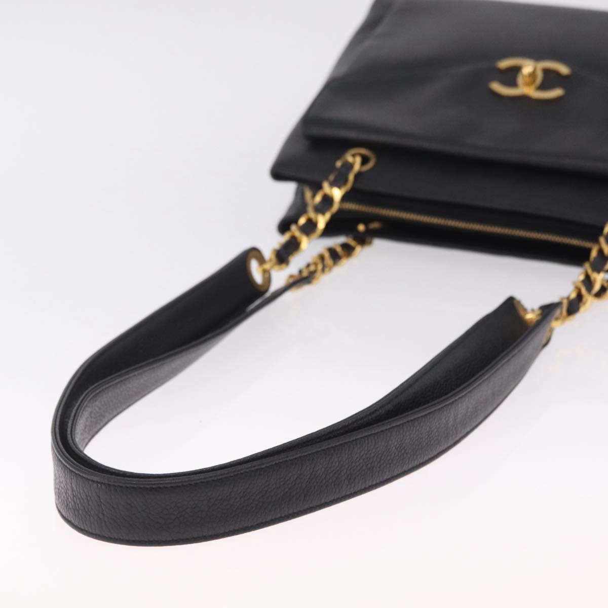CHANEL Chain Shoulder Tote Bag Caviar Skin Black Gold CC Auth 213926V