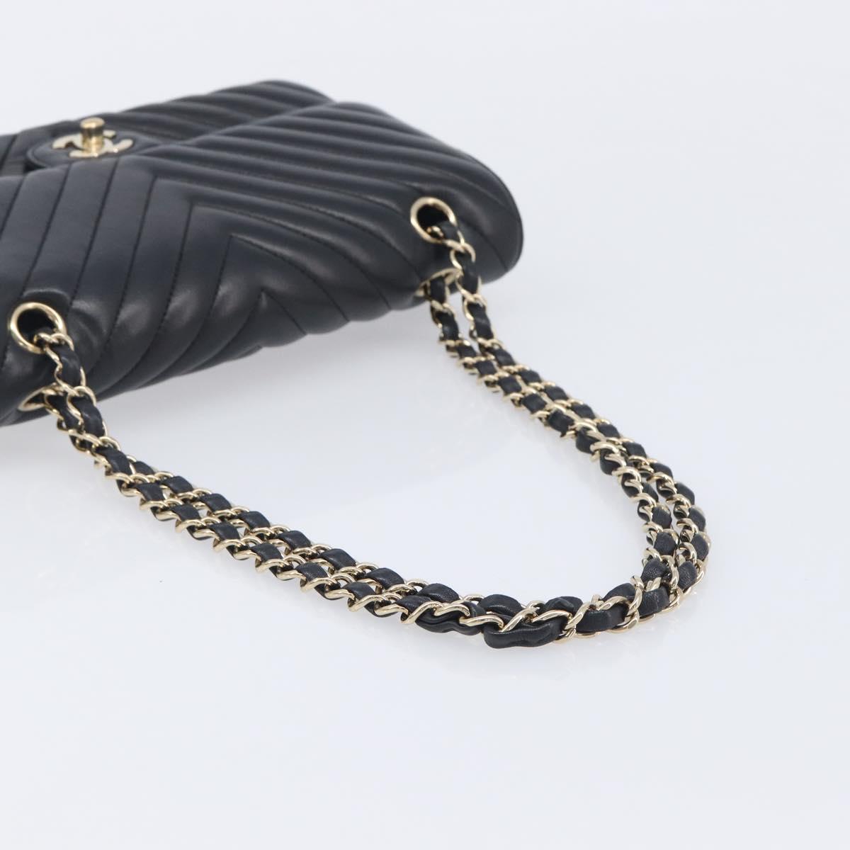 CHANEL Chevron V Stitch Chain Bag Lamb Skin Black Gold CC Auth 213946SAM