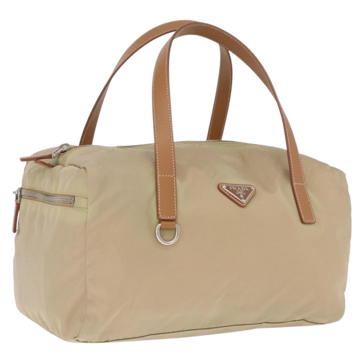 PRADA Hand Bag Nylon Beige Silver Auth 213961A