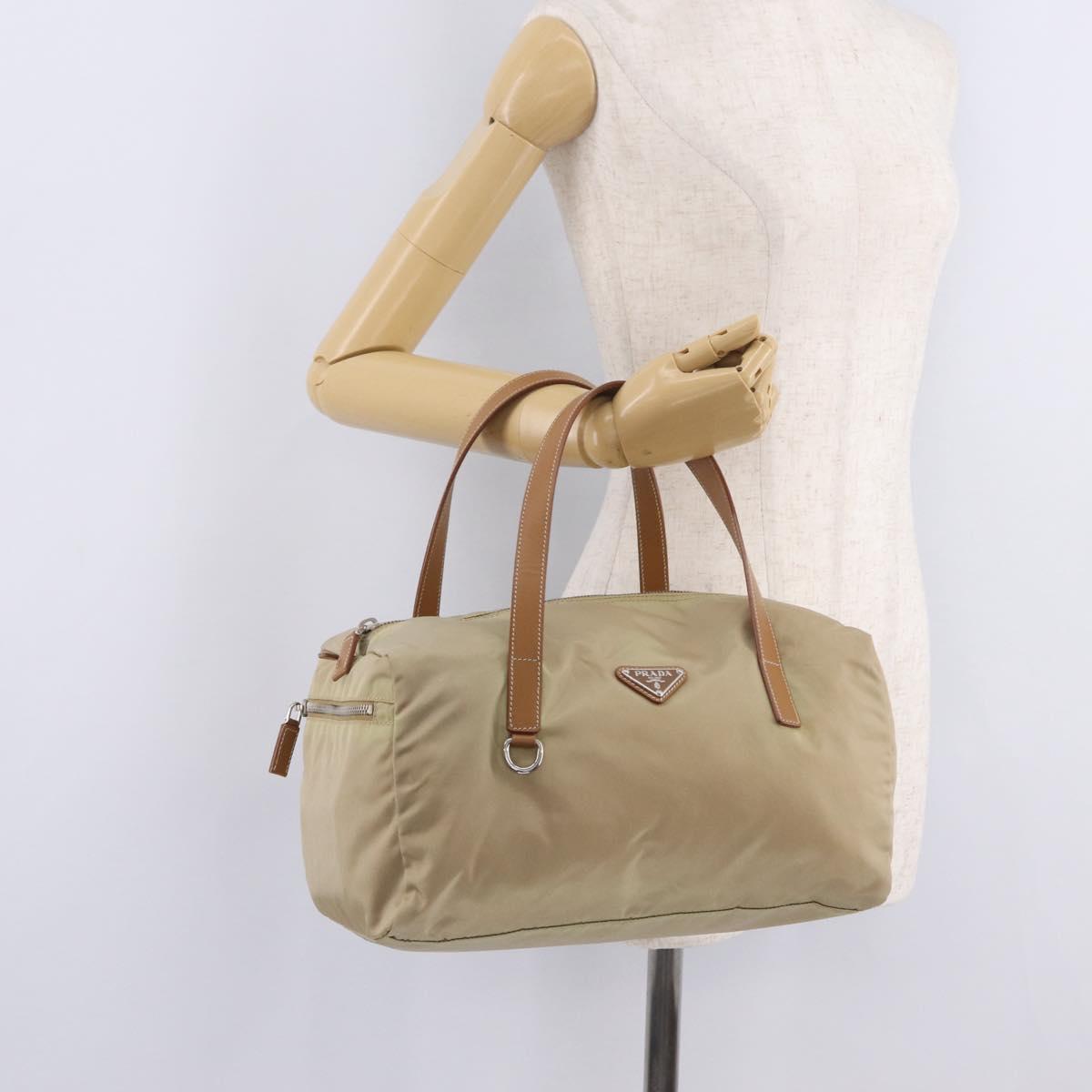 PRADA Hand Bag Nylon Beige Silver Auth 213961A