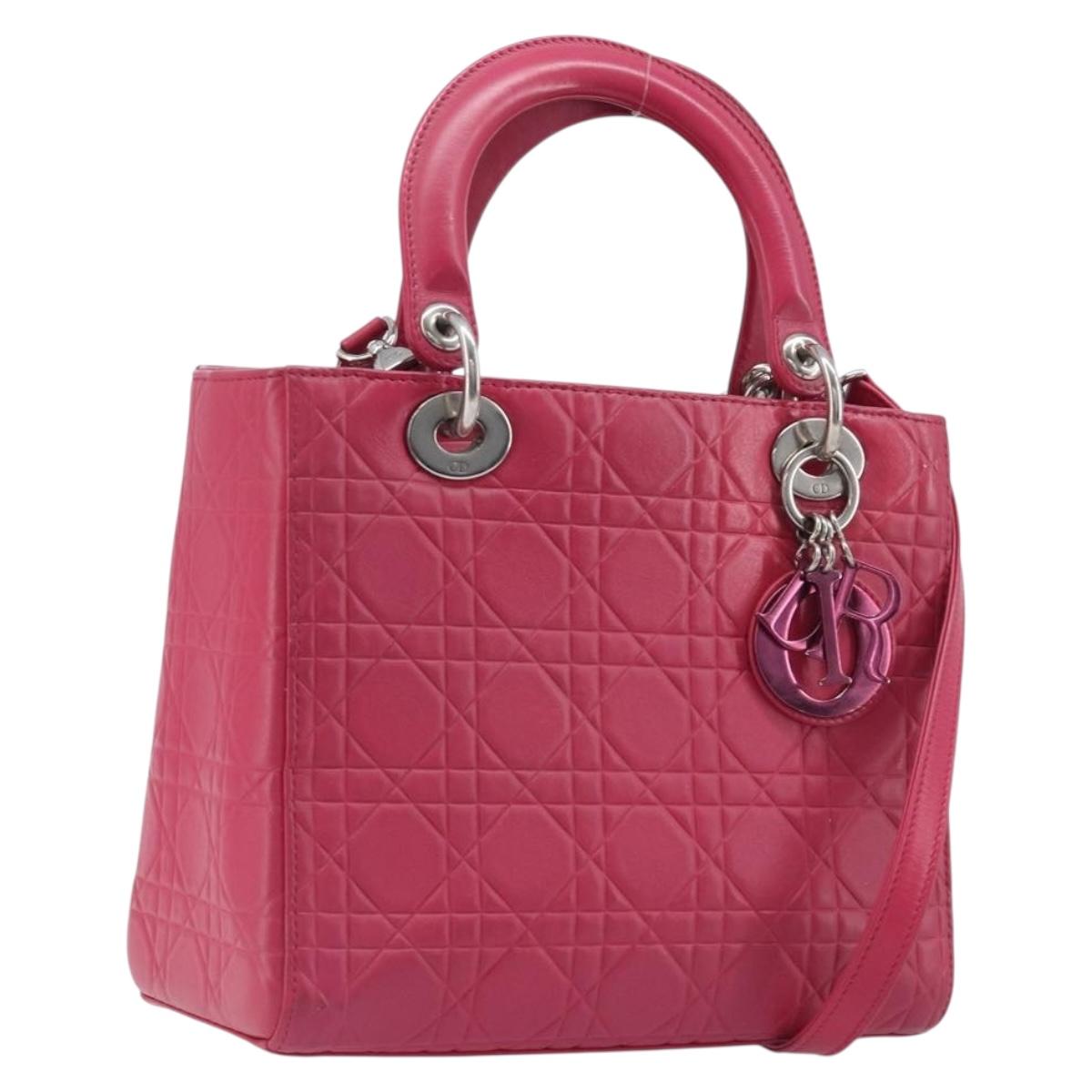 Christian Dior Canage Lady Dior Hand Bag Lamb Skin 2way Pink Silver Auth 213974A