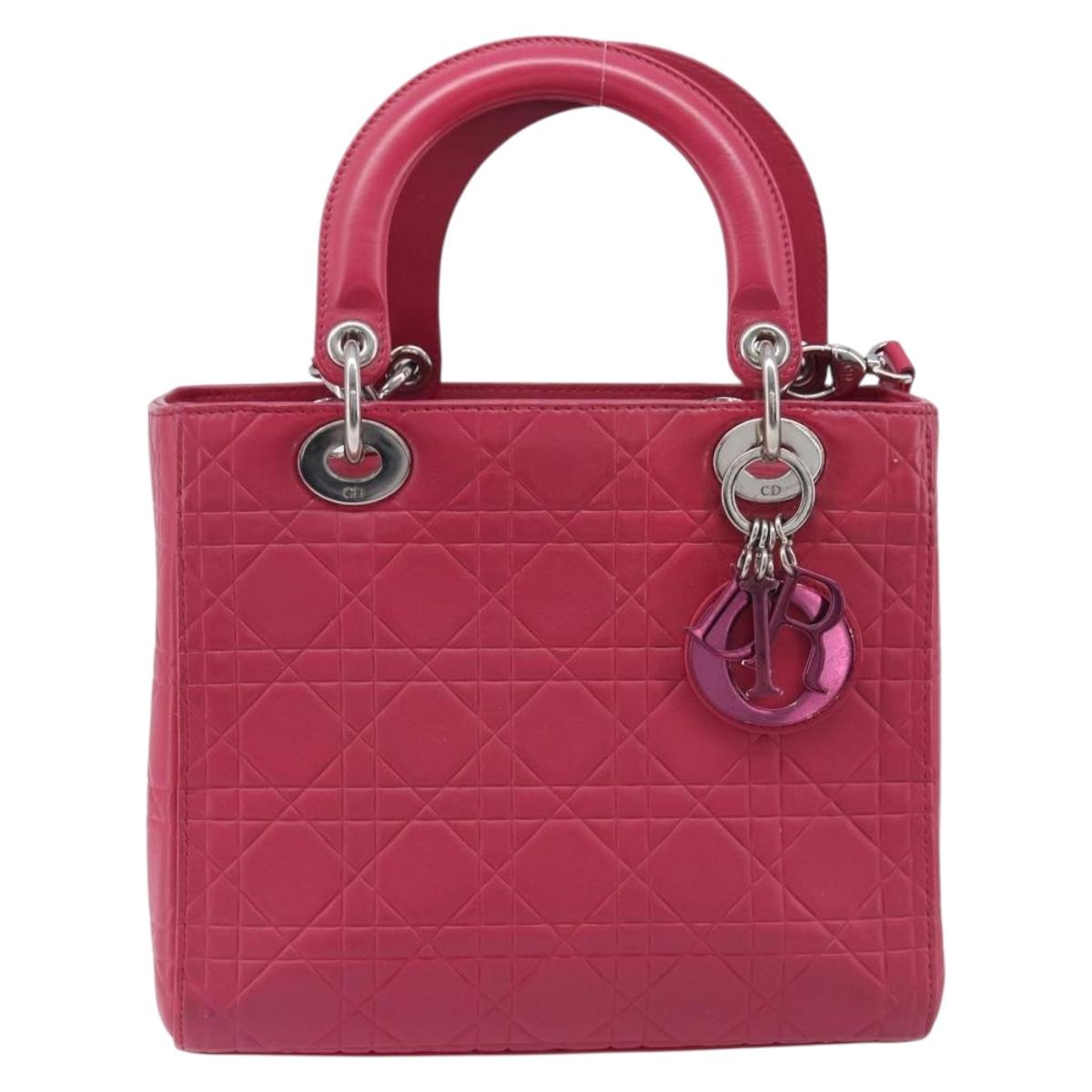 Christian Dior Canage Lady Dior Hand Bag Lamb Skin 2way Pink Silver Auth 213974A
