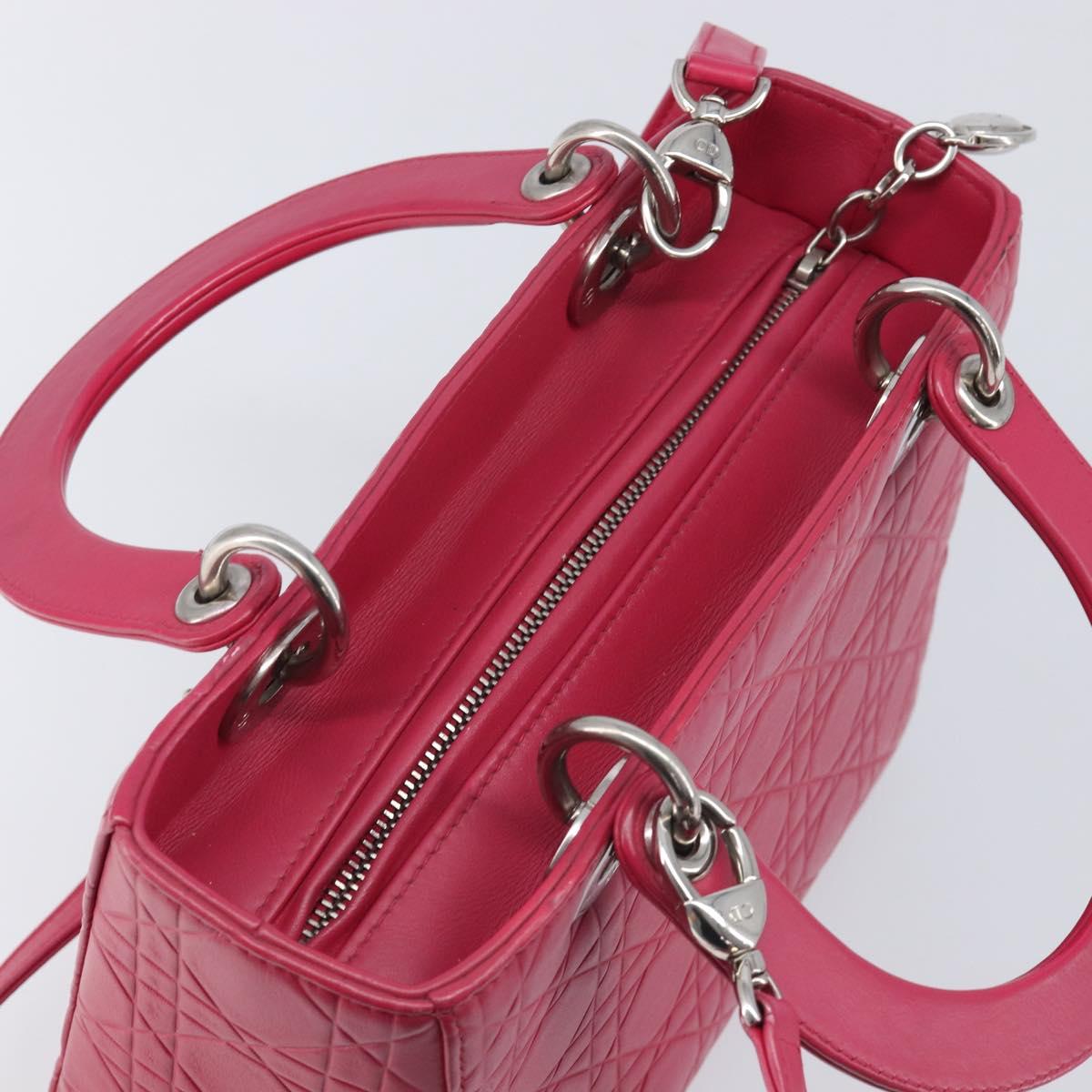 Christian Dior Canage Lady Dior Hand Bag Lamb Skin 2way Pink Silver Auth 213974A