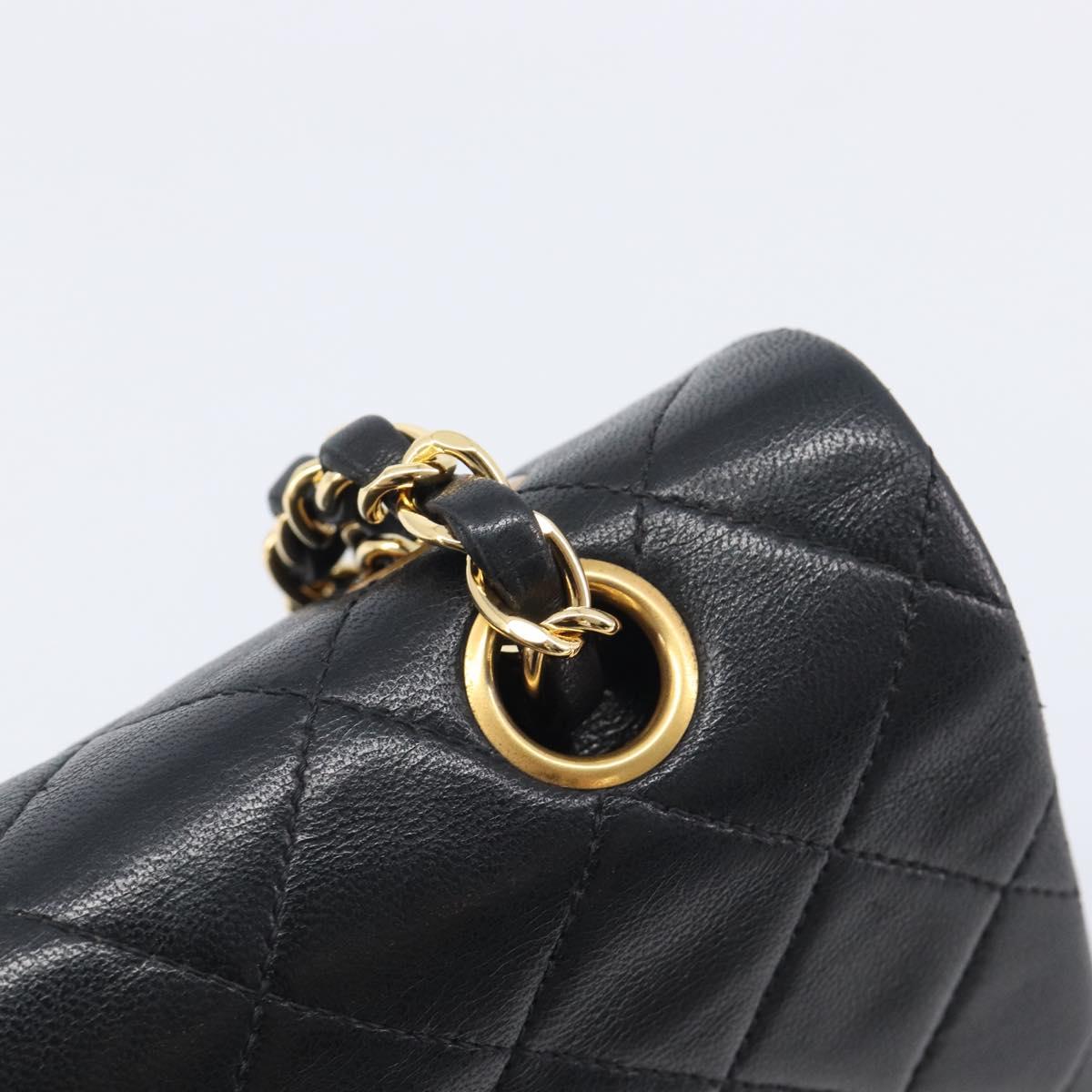CHANEL Matelasse 25 Double Flap Chain Bag Lamb Skin Black Gold CC Auth 213975SAM