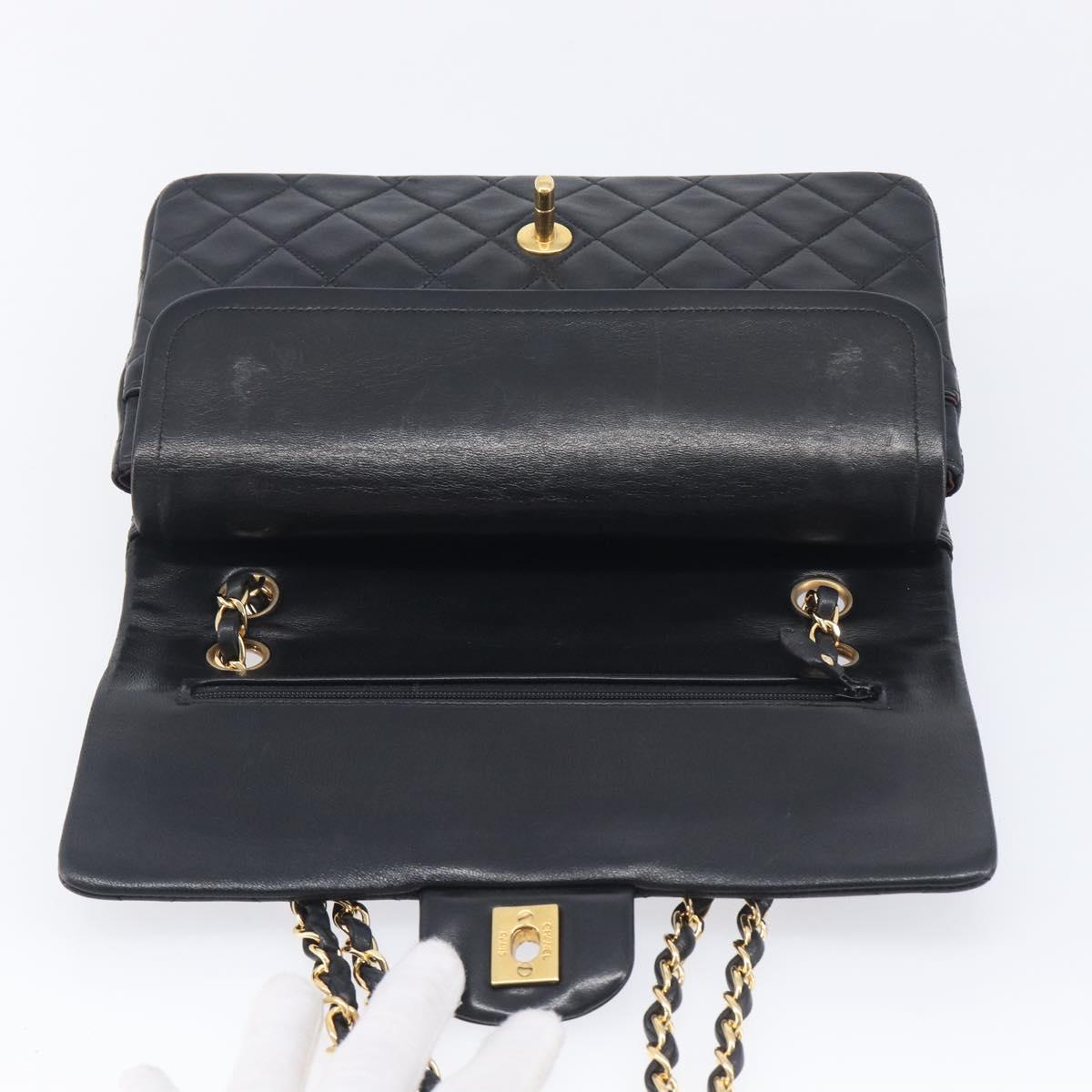 CHANEL Matelasse 25 Double Flap Chain Bag Lamb Skin Black Gold CC Auth 213975SAM