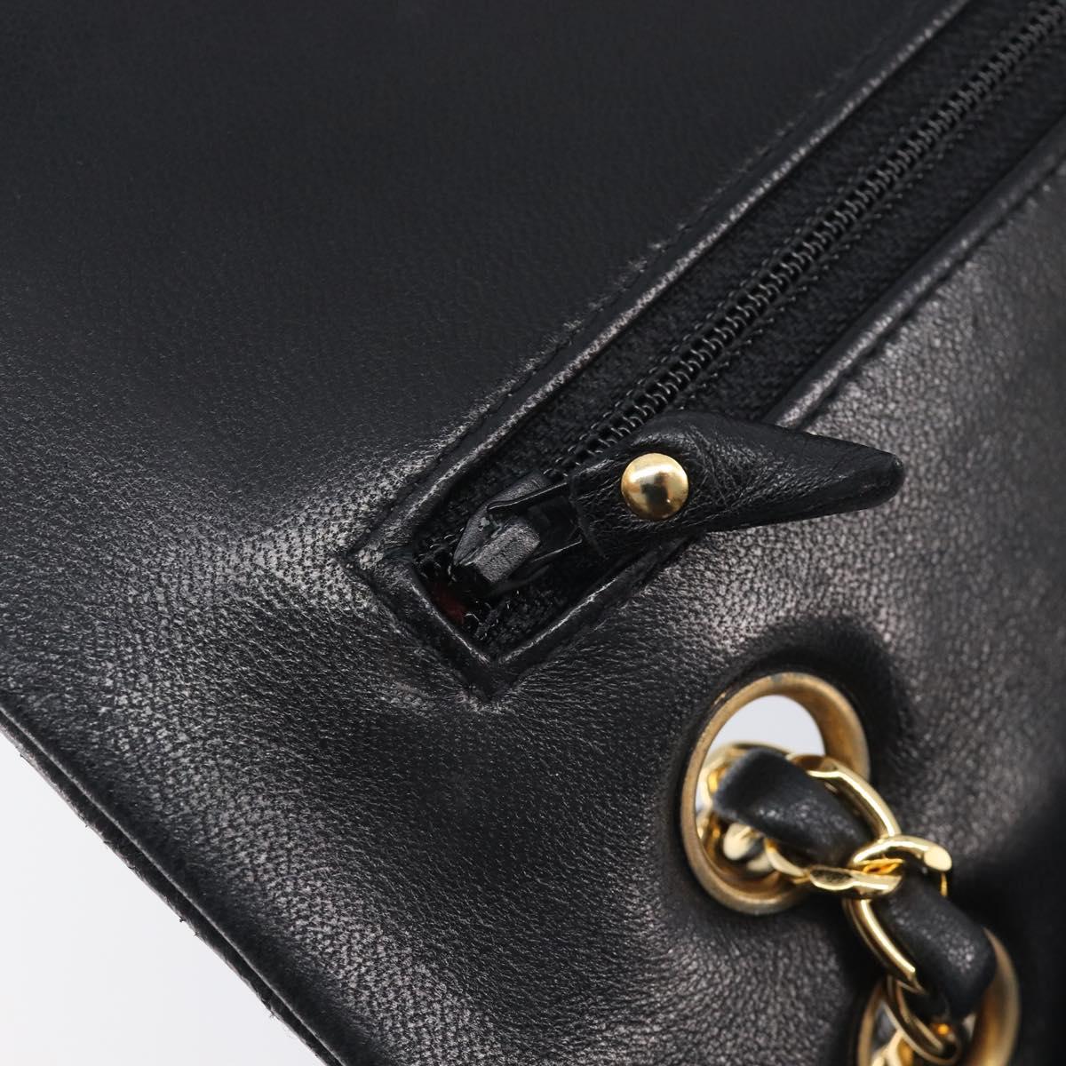 CHANEL Matelasse 25 Double Flap Chain Bag Lamb Skin Black Gold CC Auth 213975SAM