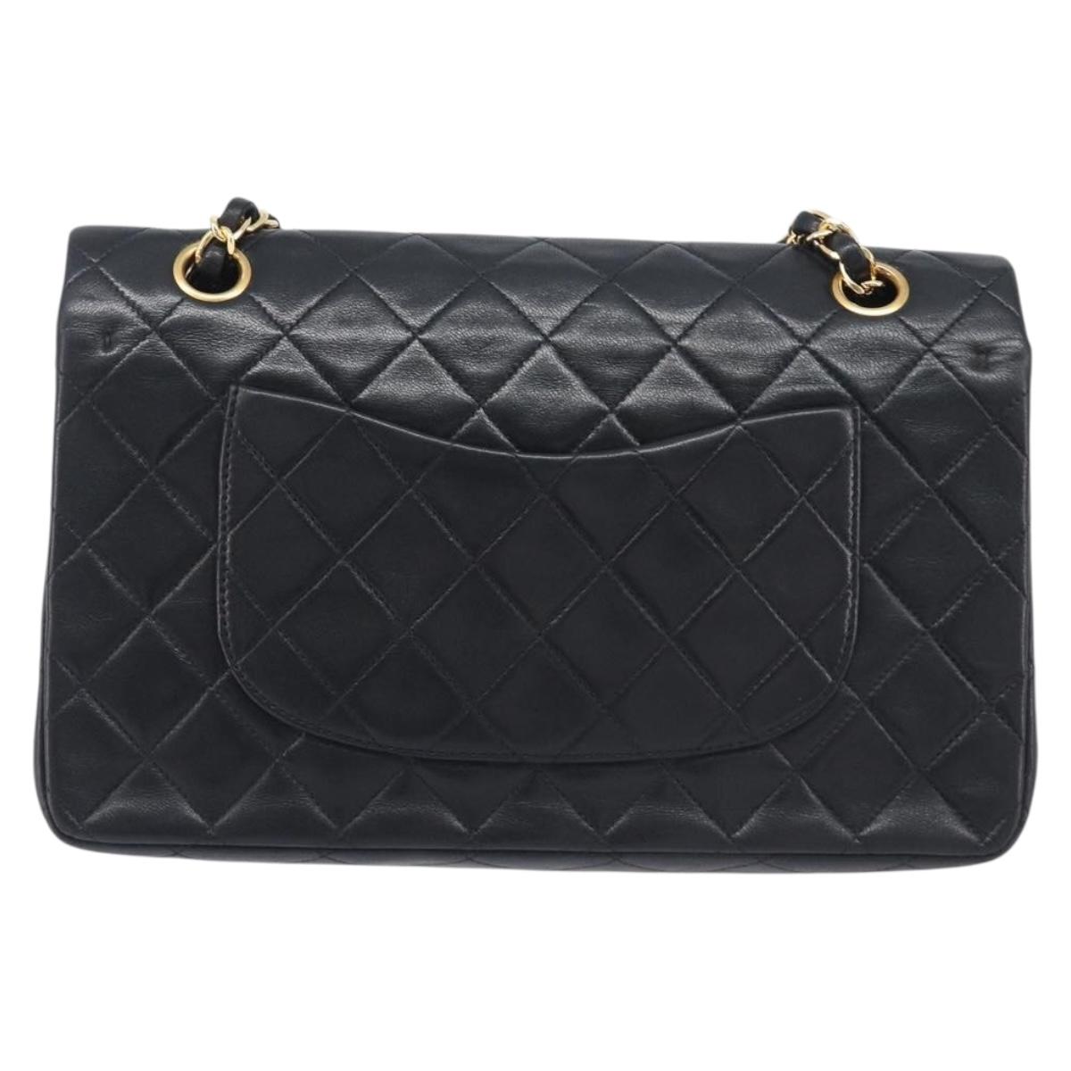 CHANEL Matelasse 25 Double Flap Chain Bag Lamb Skin Black Gold CC Auth 213975SAM